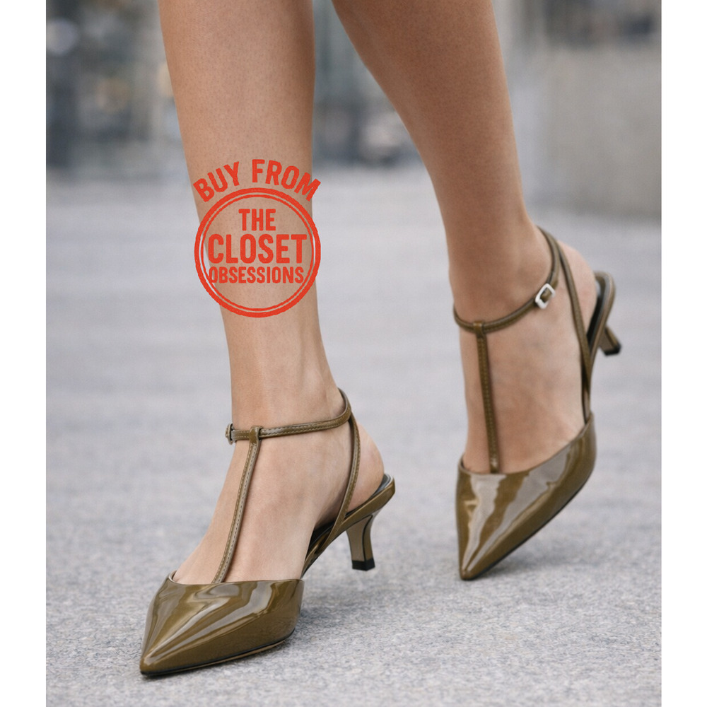 Zara Olive Green Pointed Toe T-Strap Slingback Heels NWT - Picture 3 of 16